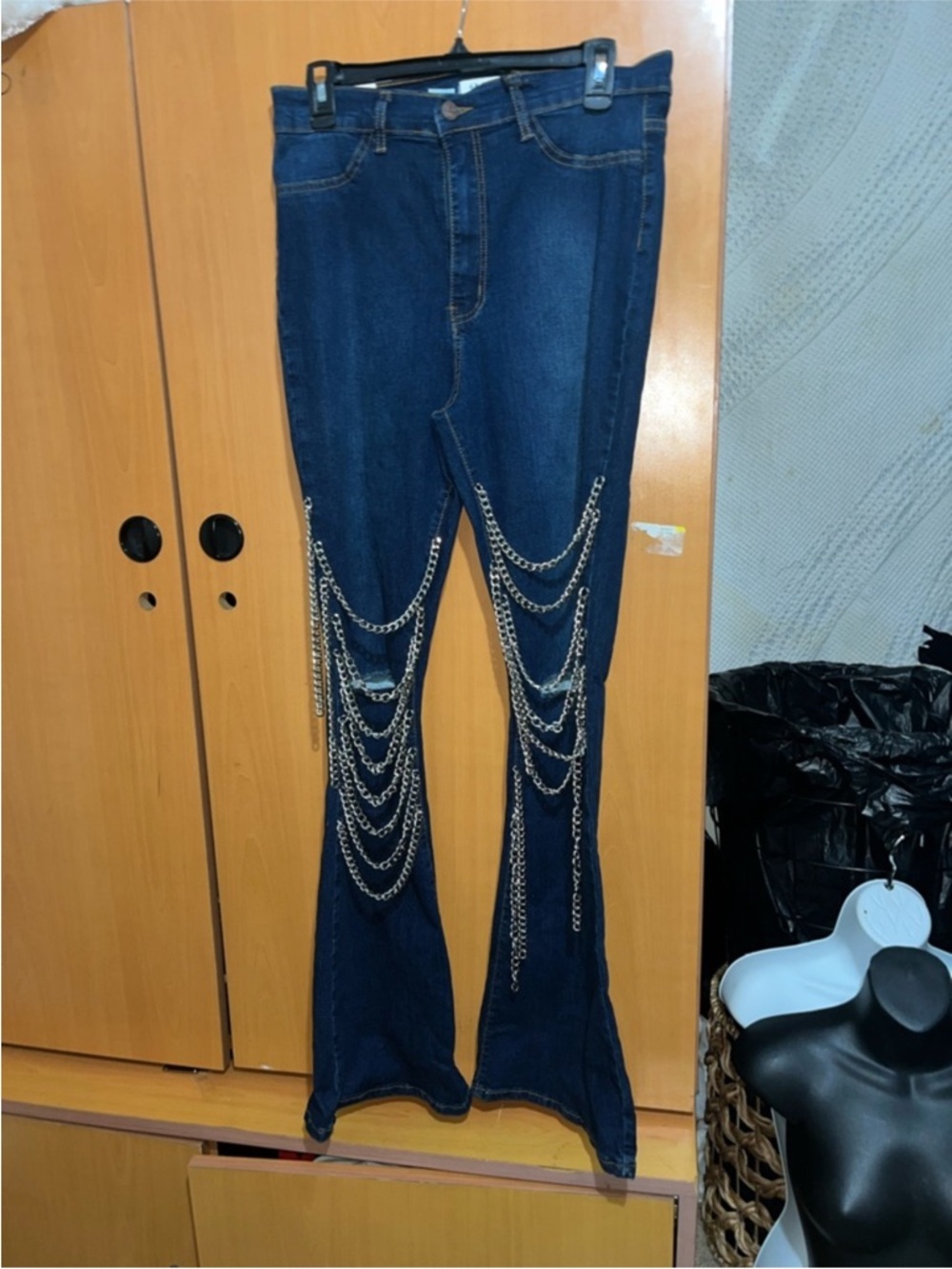 Dark Blue Women's Chain-Accent Flared Jeans - Picture 1 of 3